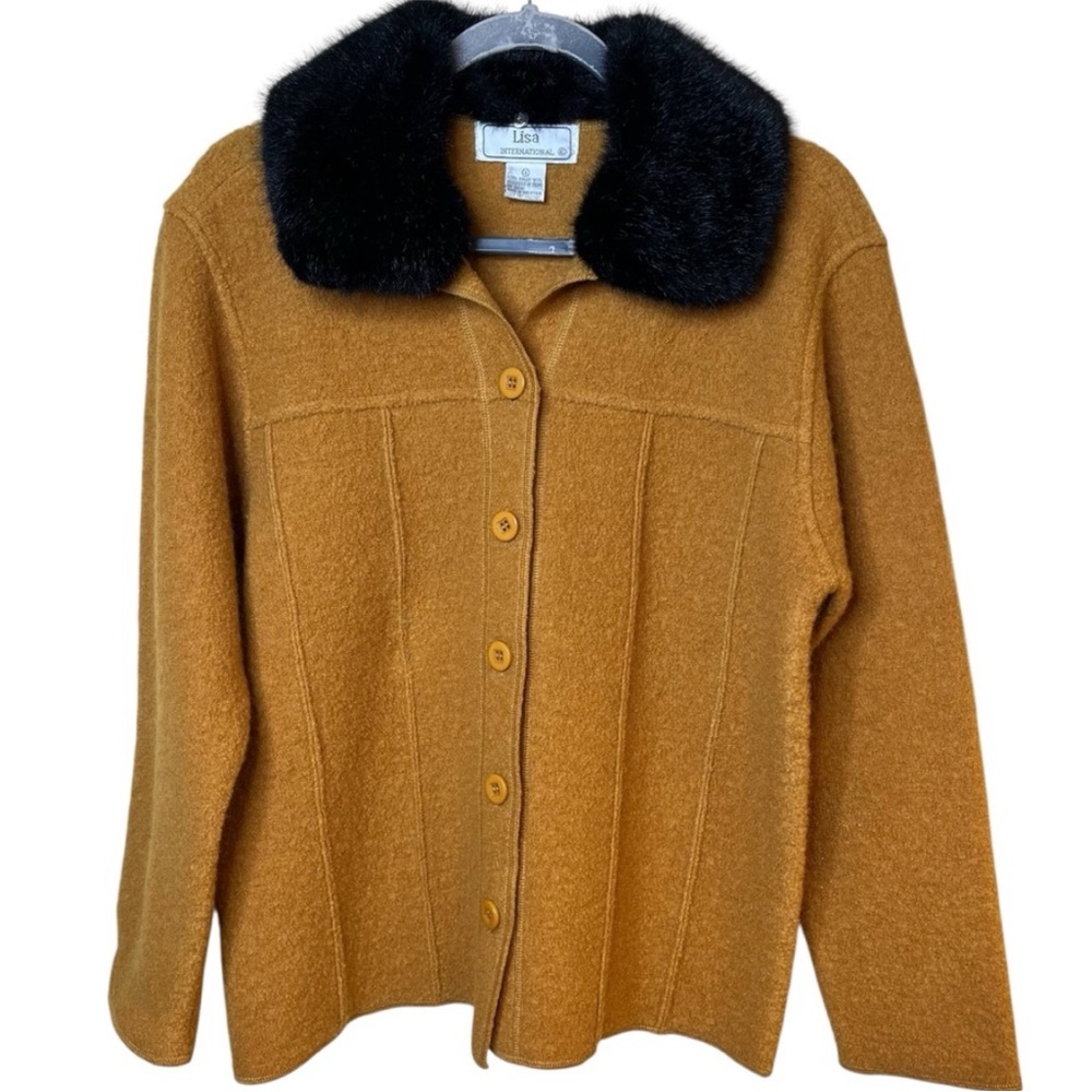 Vintage Boiled Wool Cardigan Sweater Faux Fur Collar | Lisa International Sz S